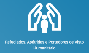 Ícone branco com duas mãos abertas em formato de abrigo sobre a silhueta de uma pessoa, sobre fundo azul, com o texto: Refugiados, Apátridas e Portadores de Visto Humanitário. [reprodução portal Unifesp]