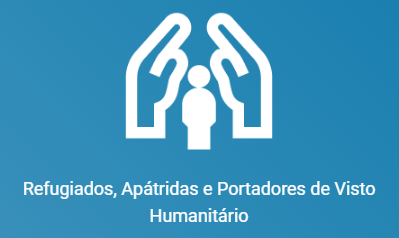 Ícone branco com duas mãos abertas em formato de abrigo sobre a silhueta de uma pessoa, sobre fundo azul, com o texto: Refugiados, Apátridas e Portadores de Visto Humanitário. [reprodução portal Unifesp]